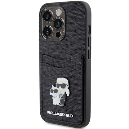 Husa pentru Apple iPhone 15 Pro, Karl Lagerfeld, Saffiano Card Slot Metal Karl & Choupette, Neagra