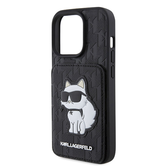 Husa pentru Apple iPhone 15 Pro, Karl Lagerfeld, Saffiano Cardslots and Stand Monogram Choupette, Neagra
