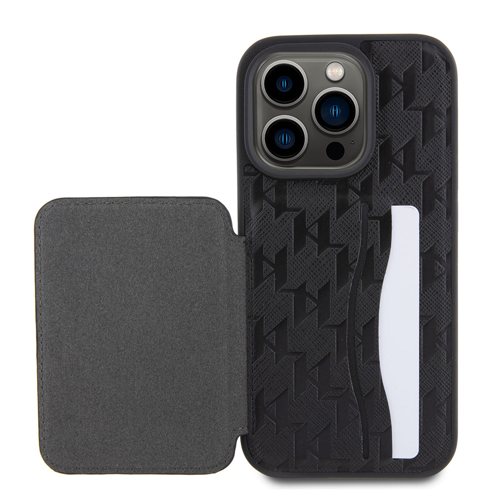 Husa pentru Apple iPhone 15 Pro, Karl Lagerfeld, Saffiano Cardslots and Stand Monogram Choupette, Neagra