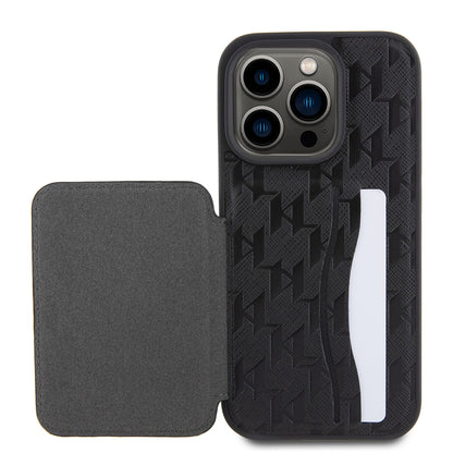 Husa pentru Apple iPhone 15 Pro, Karl Lagerfeld, Saffiano Cardslots and Stand Monogram Choupette, Neagra