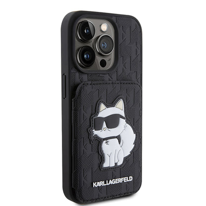 Husa pentru Apple iPhone 15 Pro, Karl Lagerfeld, Saffiano Cardslots and Stand Monogram Choupette, Neagra
