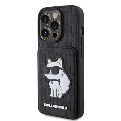 Husa pentru Apple iPhone 15 Pro, Karl Lagerfeld, Saffiano Cardslots and Stand Monogram Choupette, Neagra