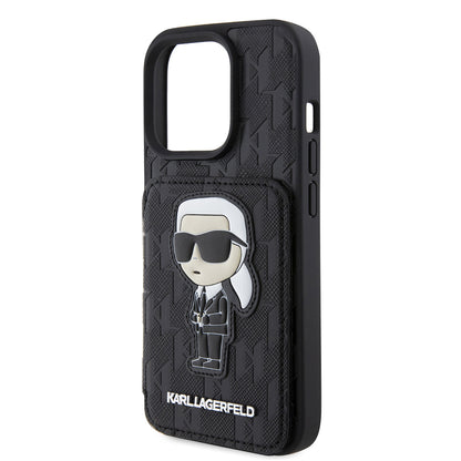 Husa pentru Apple iPhone 15 Pro, Karl Lagerfeld, Saffiano Cardslots and Stand Monogram Ikonik Karl, Neagra