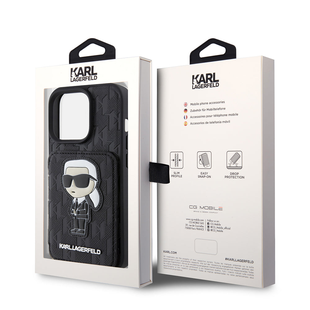 Husa pentru Apple iPhone 15 Pro, Karl Lagerfeld, Saffiano Cardslots and Stand Monogram Ikonik Karl, Neagra