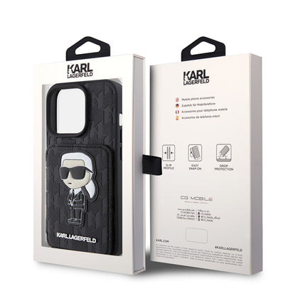 Husa pentru Apple iPhone 15 Pro, Karl Lagerfeld, Saffiano Cardslots and Stand Monogram Ikonik Karl, Neagra