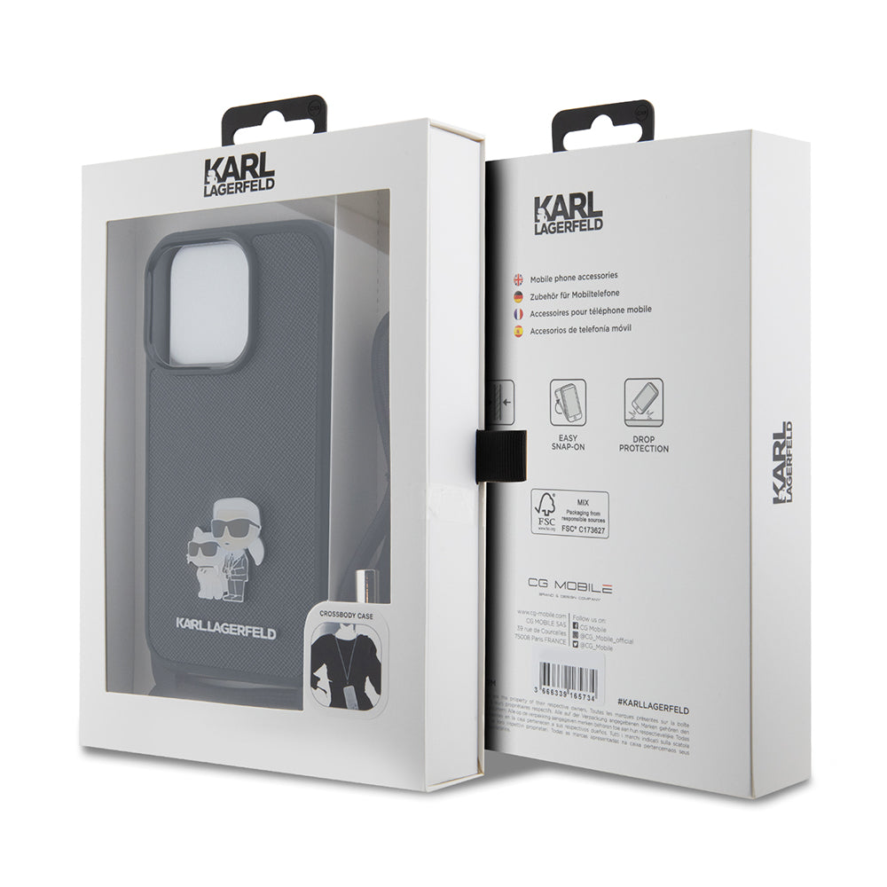 Husa pentru Apple iPhone 15 Pro, Karl Lagerfeld, Saffiano Crossbody Metal Pin Karl & Choupette, Neagra