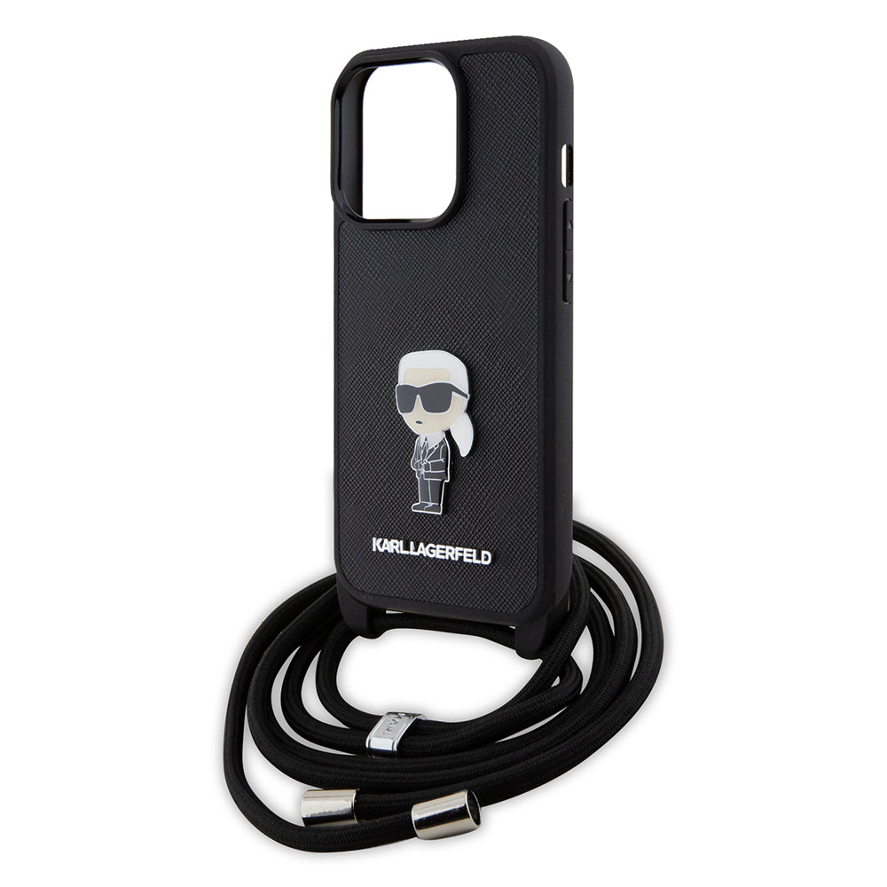 Husa pentru Apple iPhone 15 Pro, Karl Lagerfeld, Saffiano Crossbody Monogram Metal Pin Karl, Neagra
