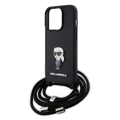 Husa pentru Apple iPhone 15 Pro, Karl Lagerfeld, Saffiano Crossbody Monogram Metal Pin Karl, Neagra