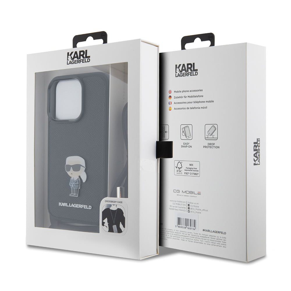 Husa pentru Apple iPhone 15 Pro, Karl Lagerfeld, Saffiano Crossbody Monogram Metal Pin Karl, Neagra