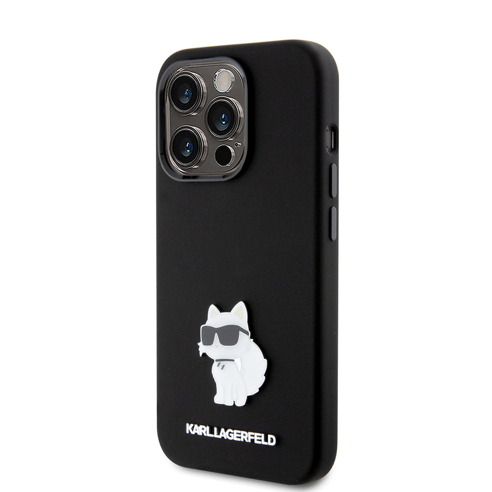 Husa pentru Apple iPhone 15 Pro, Karl Lagerfeld, Silicone Choupette Metal, Neagra