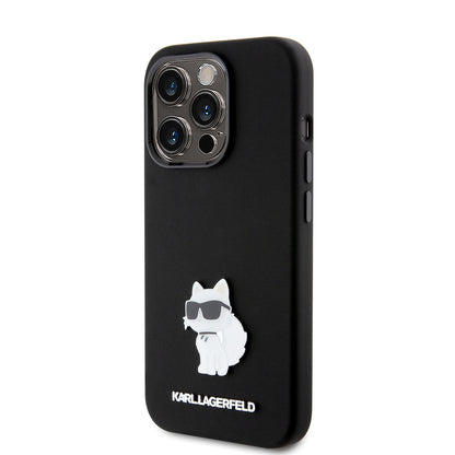 Husa pentru Apple iPhone 15 Pro, Karl Lagerfeld, Silicone Choupette Metal, Neagra