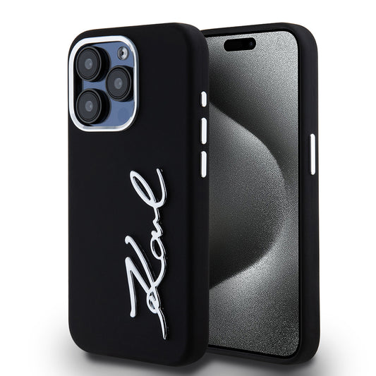 Husa pentru Apple iPhone 15 Pro, Karl Lagerfeld, Silicone Metal Script Logo, Neagra