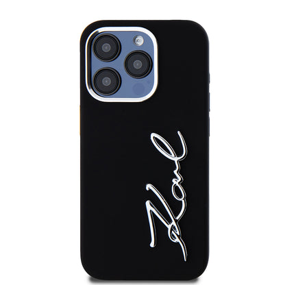 Husa pentru Apple iPhone 15 Pro, Karl Lagerfeld, Silicone Metal Script Logo, Neagra