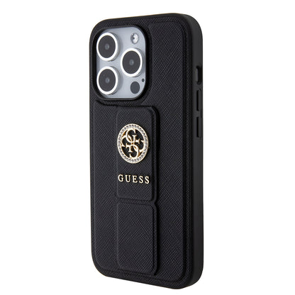Husa pentru Apple iPhone 15 Pro Max, Guess, Grip Stand 4G Saffiano Strass, Neagra