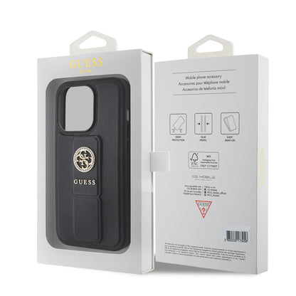 Husa pentru Apple iPhone 15 Pro Max, Guess, Grip Stand 4G Saffiano Strass, Neagra