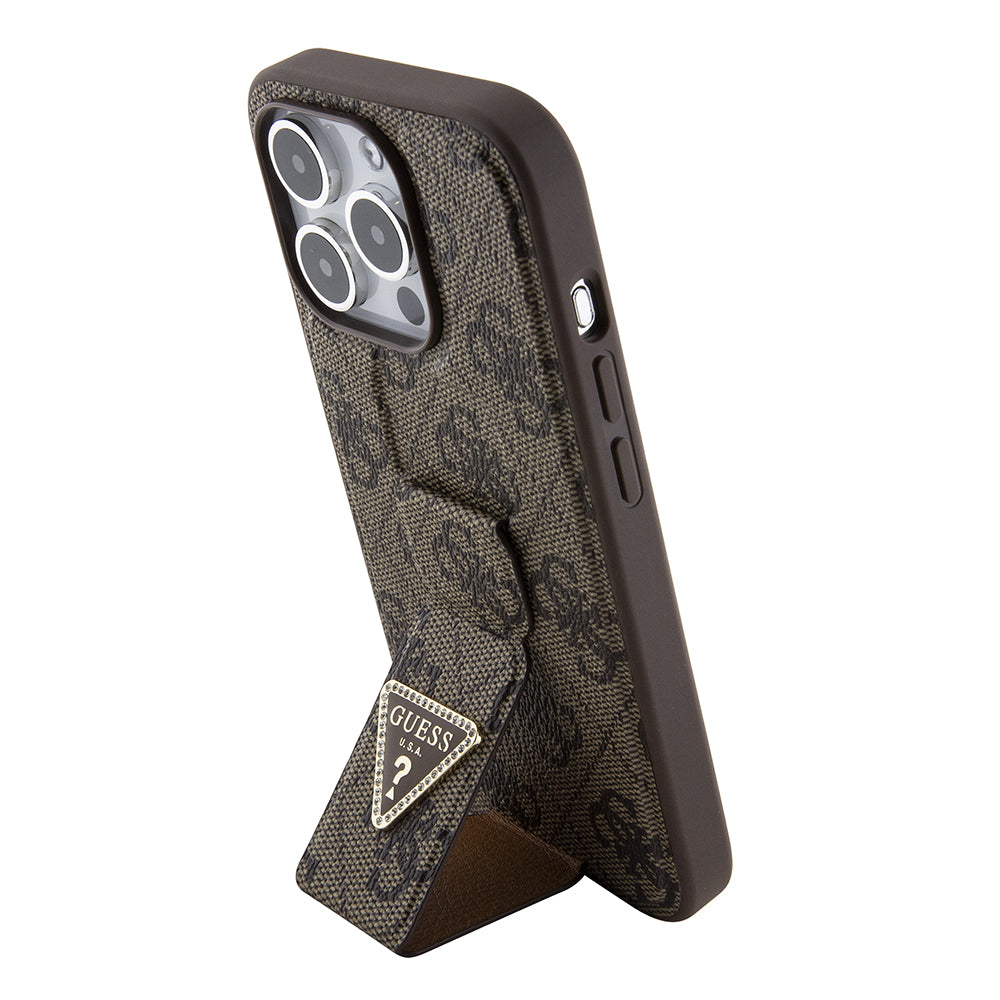 Husa pentru Apple iPhone 15 Pro Max, Guess, Grip Stand 4G Triangle Strass, Maro