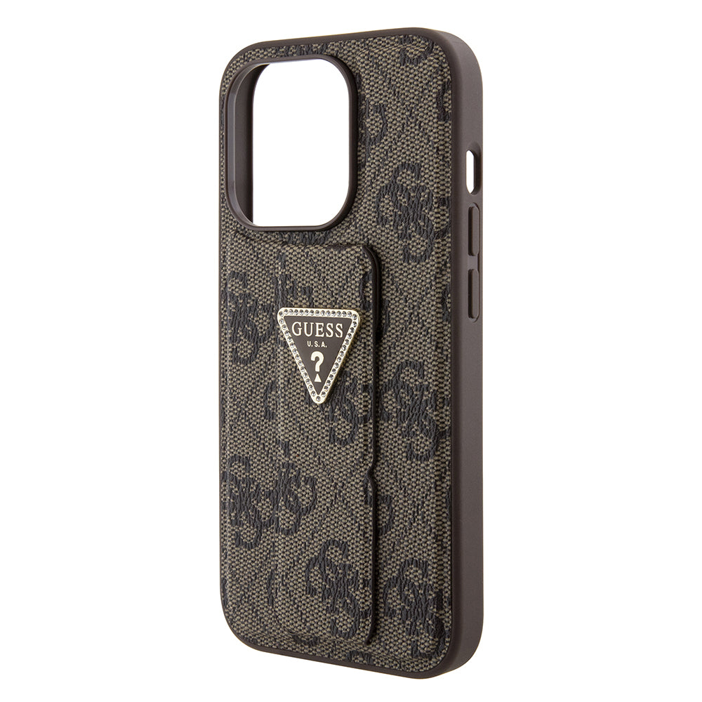 Husa pentru Apple iPhone 15 Pro Max, Guess, Grip Stand 4G Triangle Strass, Maro