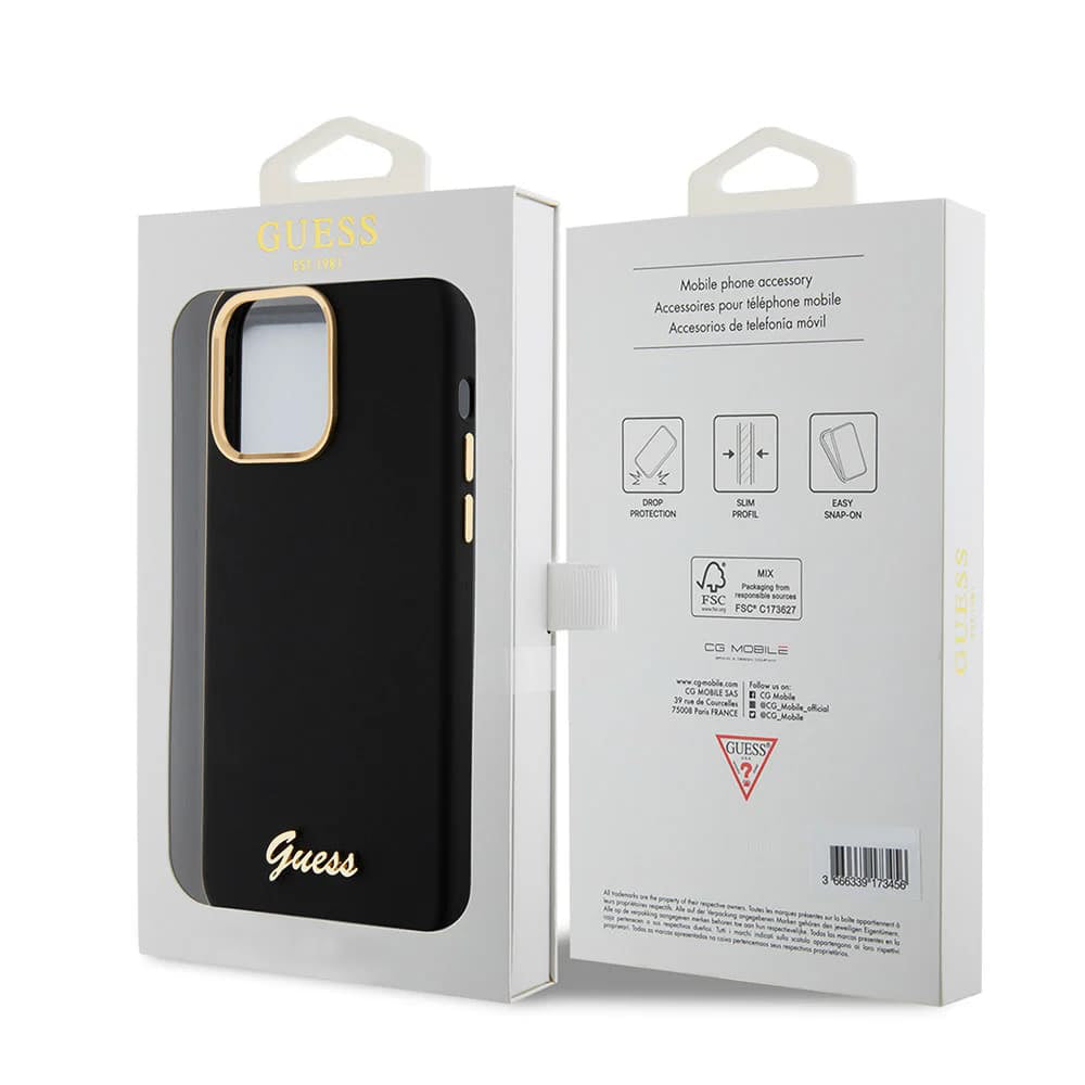 Husa pentru Apple iPhone 15 Pro Max, Guess, Script Metal Logo & Frame, Neagra
