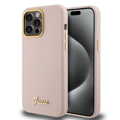 Husa pentru Apple iPhone 15 Pro Max, Guess, Script Metal Logo & Frame, Roz Deschis