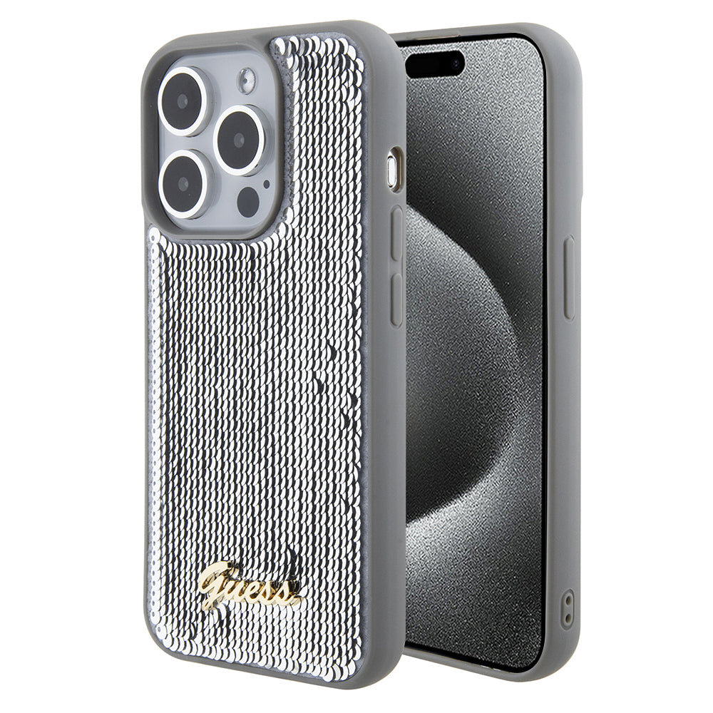 Husa pentru Apple iPhone 15 Pro Max, Guess, Sequin Script Metal, Argintie