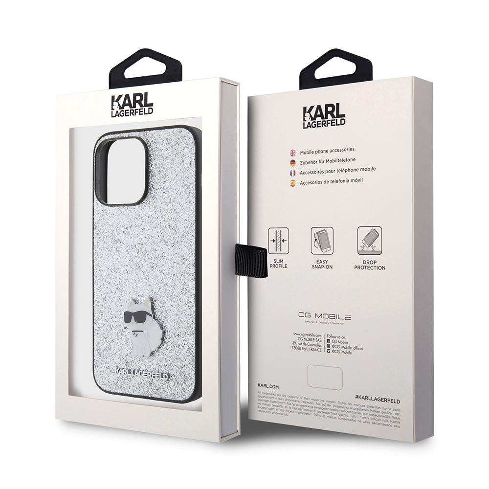 Husa pentru Apple iPhone 15 Pro Max, Karl Lagerfeld, Glitter Fixed Choupette Logo, Argintie