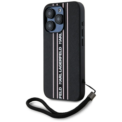 Husa pentru Apple iPhone 15 Pro Max, Karl Lagerfeld, Saffiano Athleisure Stripes with Strap, Roz