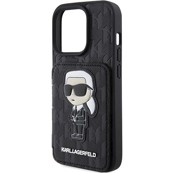 Husa pentru Apple iPhone 15 Pro Max, Karl Lagerfeld, Saffiano Cardslots and Stand Monogram Ikonik Karl, Neagra