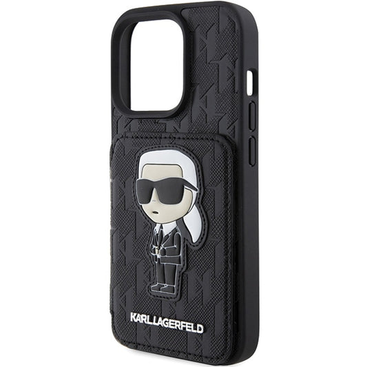 Husa pentru Apple iPhone 15 Pro Max, Karl Lagerfeld, Saffiano Cardslots and Stand Monogram Ikonik Karl, Neagra