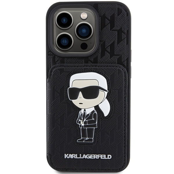 Husa pentru Apple iPhone 15 Pro Max, Karl Lagerfeld, Saffiano Cardslots and Stand Monogram Ikonik Karl, Neagra