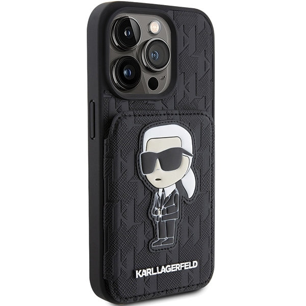 Husa pentru Apple iPhone 15 Pro Max, Karl Lagerfeld, Saffiano Cardslots and Stand Monogram Ikonik Karl, Neagra