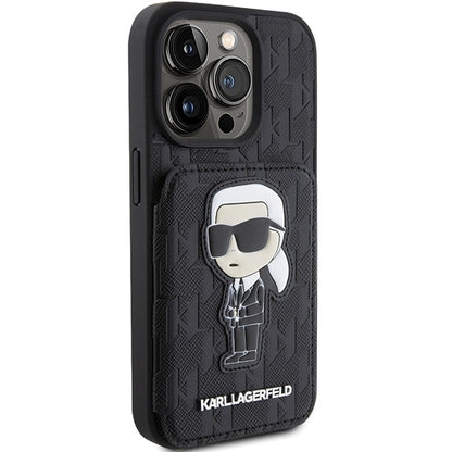 Husa pentru Apple iPhone 15 Pro Max, Karl Lagerfeld, Saffiano Cardslots and Stand Monogram Ikonik Karl, Neagra