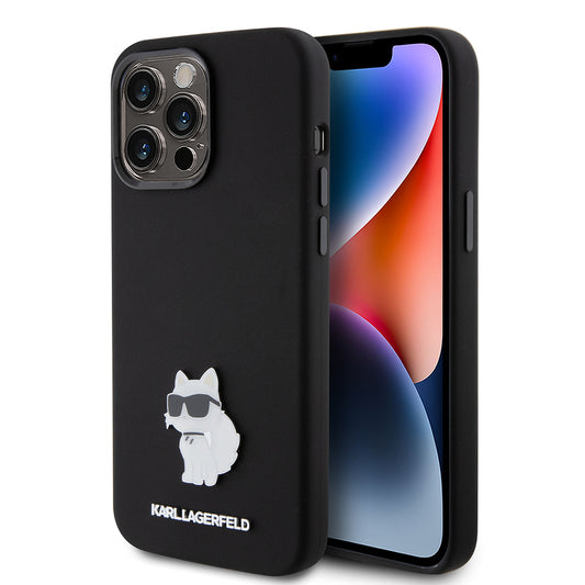 Husa pentru Apple iPhone 15 Pro Max, Karl Lagerfeld, Silicone Choupette Metal, Neagra