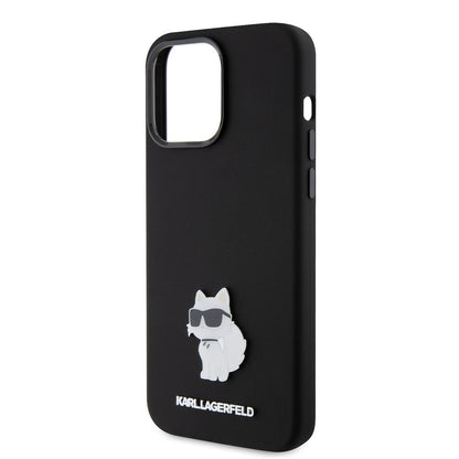 Husa pentru Apple iPhone 15 Pro Max, Karl Lagerfeld, Silicone Choupette Metal, Neagra