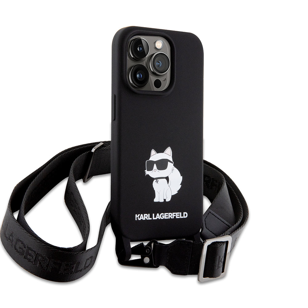Husa pentru Apple iPhone 15 Pro Max, Karl Lagerfeld, Silicone Crossbody Choupette, Neagra