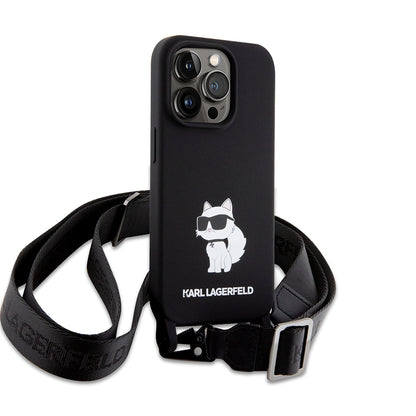 Husa pentru Apple iPhone 15 Pro Max, Karl Lagerfeld, Silicone Crossbody Choupette, Neagra