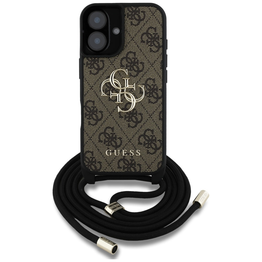 Husa pentru Apple iPhone 16, Guess, 4G CBDY Big Logo with Cord Strap, Maro