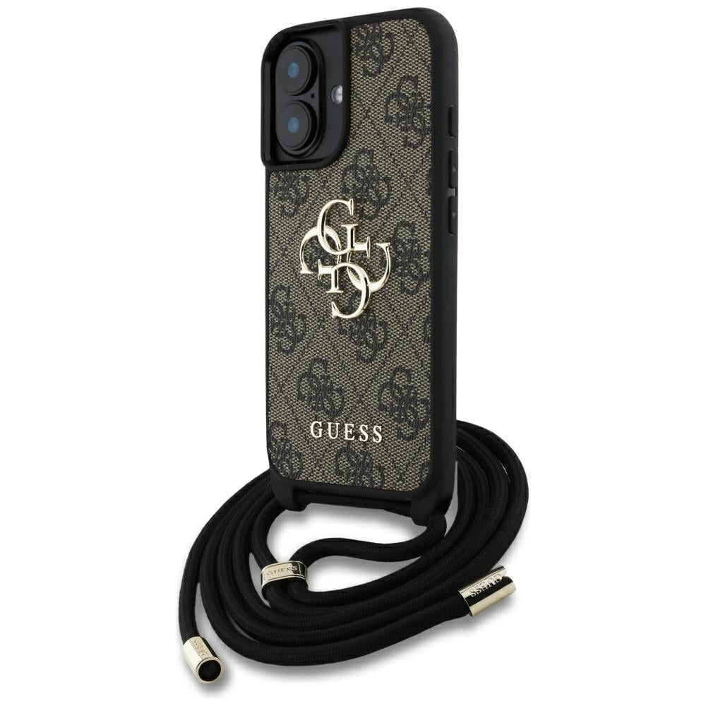 Husa pentru Apple iPhone 16, Guess, 4G CBDY Big Logo with Cord Strap, Maro