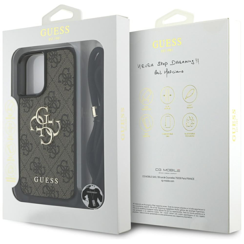 Husa pentru Apple iPhone 16, Guess, 4G CBDY Big Logo with Cord Strap, Maro