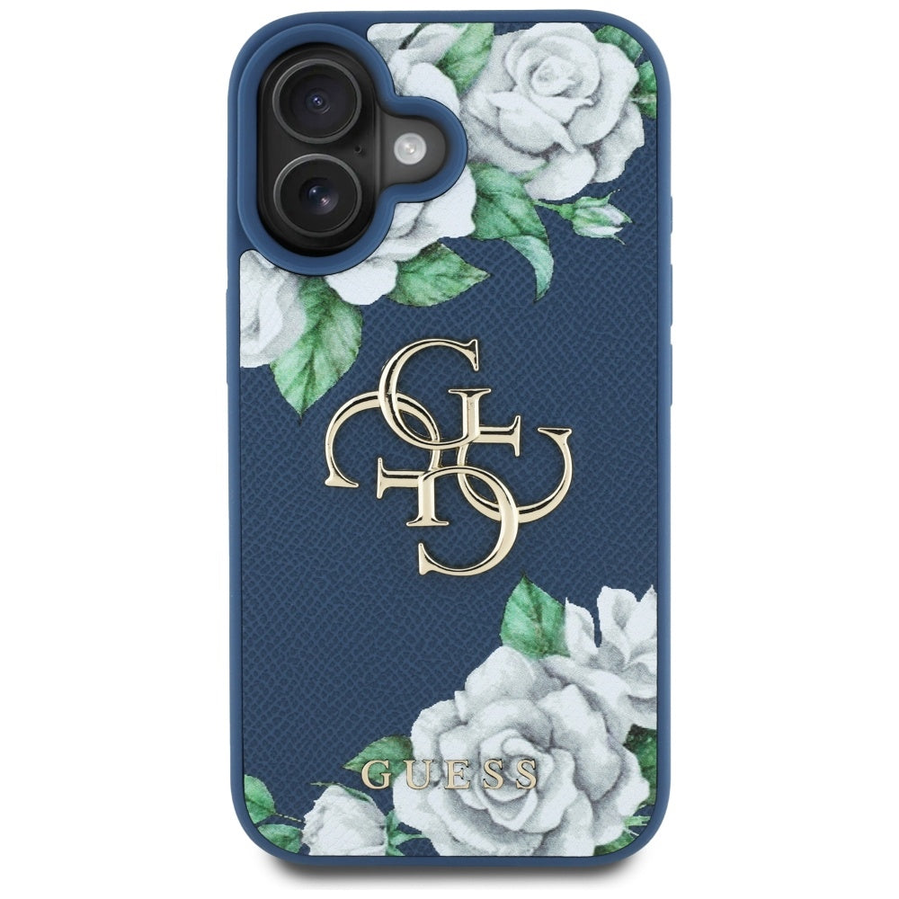 Husa pentru Apple iPhone 16, Guess, 4G Grained Roses Big Logo, Albastra