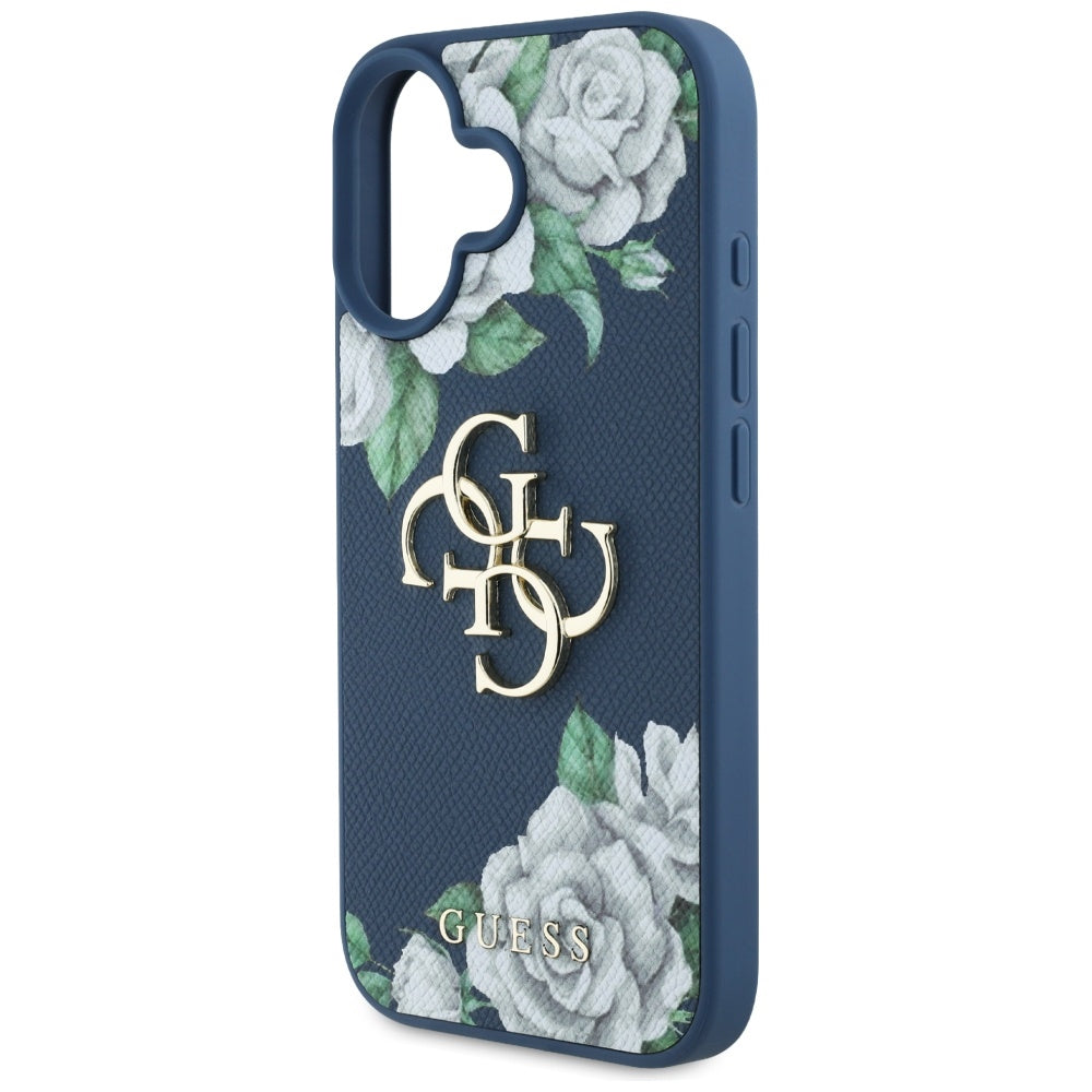 Husa pentru Apple iPhone 16, Guess, 4G Grained Roses Big Logo, Albastra