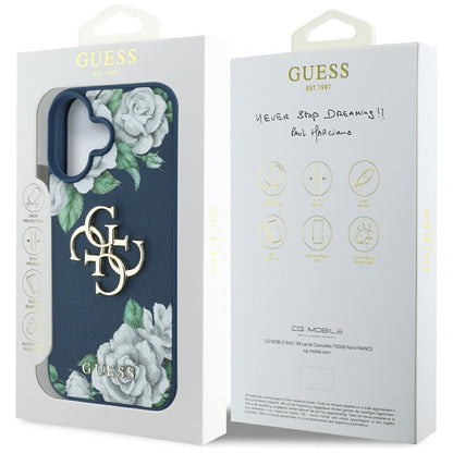 Husa pentru Apple iPhone 16, Guess, 4G Grained Roses Big Logo, Albastra