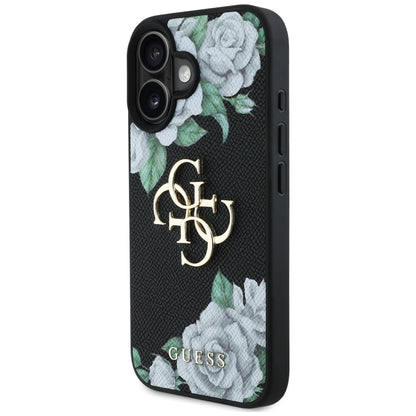 Husa pentru Apple iPhone 16, Guess, 4G Grained Roses Big Logo, Neagra