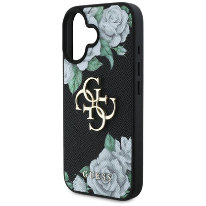 Husa pentru Apple iPhone 16, Guess, 4G Grained Roses Big Logo, Neagra