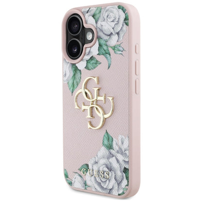 Husa pentru Apple iPhone 16, Guess, 4G Grained Roses Big Logo, Roz