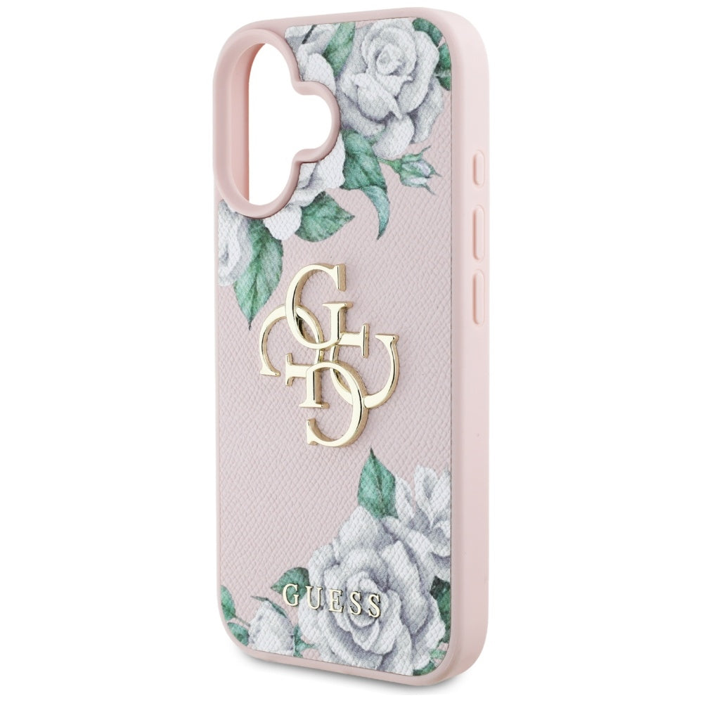 Husa pentru Apple iPhone 16, Guess, 4G Grained Roses Big Logo, Roz