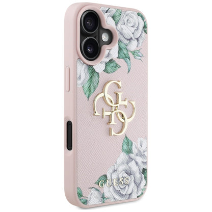 Husa pentru Apple iPhone 16, Guess, 4G Grained Roses Big Logo, Roz