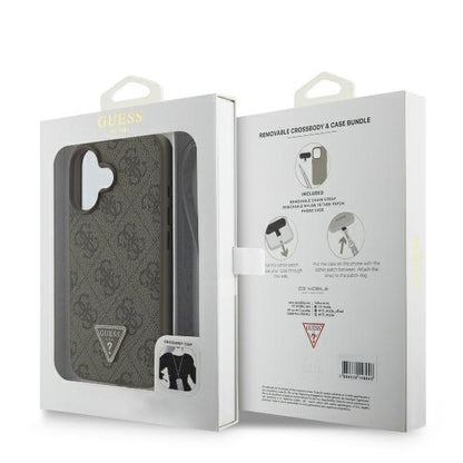Husa pentru Apple iPhone 16, Guess, Crossbody 4G Triangle Strass, Maro