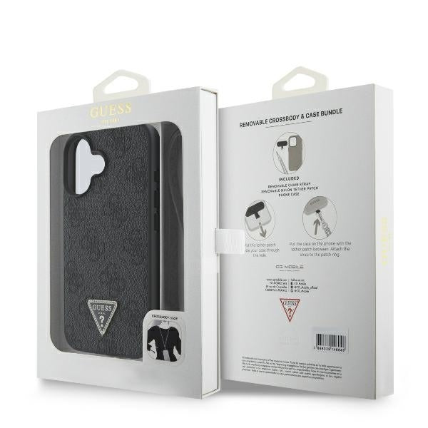 Husa pentru Apple iPhone 16, Guess, Crossbody 4G Triangle Strass, Neagra