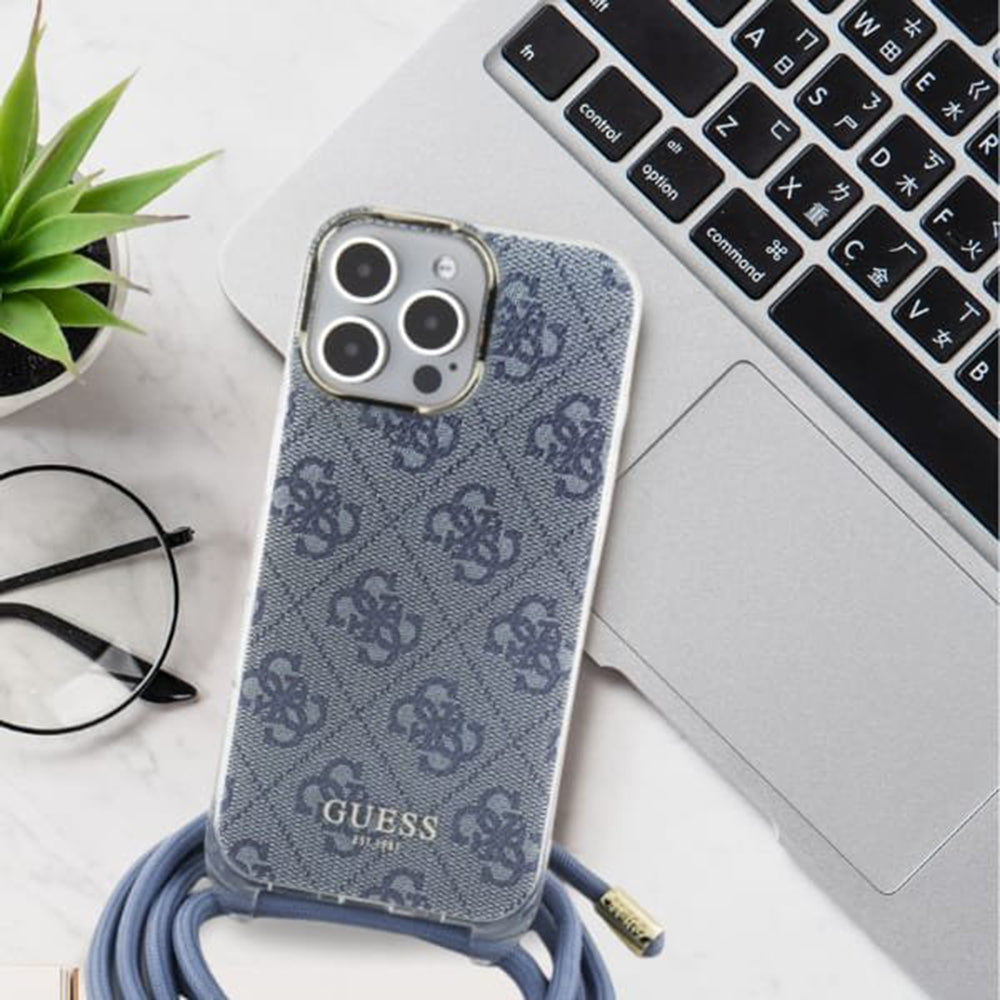 Husa pentru Apple iPhone 16, Guess, Crossbody Cord 4G Print, Neagra