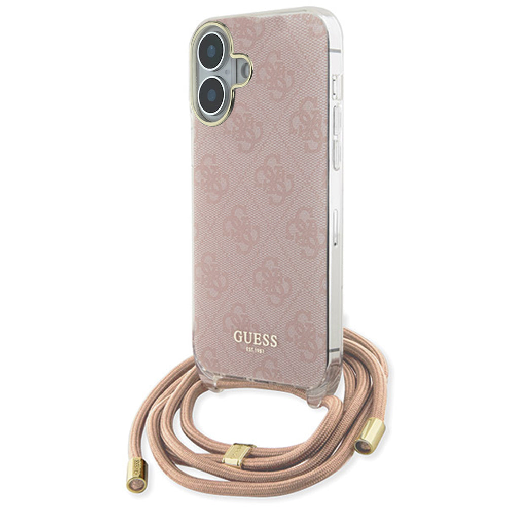 Husa pentru Apple iPhone 16, Guess, Crossbody Cord 4G Print, Roz